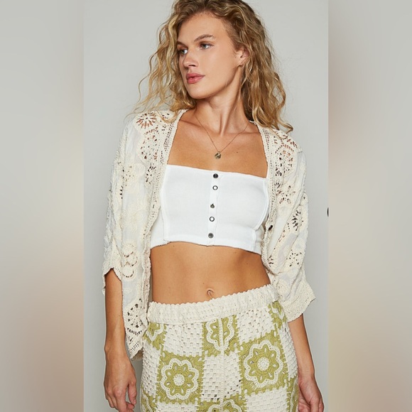 POL Natural Bolero Cardigan Cotton Embroidered Crochet Lace - Picture 1 of 3